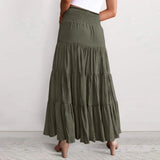 DERMEARNE Women High Waist Boho Maxi Skirt Holiday Beach Draped Long Skirts Patchwork Solid Color Drawstring Bohemian Summer Skirt