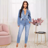 DERMEARNE Women Jeans Jumpsuits One Piece Overalls Single Breasted Denim Rompers Solid Pencil Pants Pockets High Street Slim Fit 2024