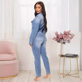 DERMEARNE Women Jeans Jumpsuits One Piece Overalls Single Breasted Denim Rompers Solid Pencil Pants Pockets High Street Slim Fit 2024