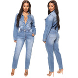 DERMEARNE Women Jeans Jumpsuits One Piece Overalls Single Breasted Denim Rompers Solid Pencil Pants Pockets High Street Slim Fit 2024