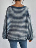 DERMEARNE Women Knit Sweaters 2025 Autumn New Female Casual Knitwear Loose Oversized Striped Lantern Sleeve Drop Shoulder Cozy Sweater