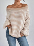 DERMEARNE Women Knit Sweaters 2025 Autumn New Female Casual Knitwear Loose Oversized Striped Lantern Sleeve Drop Shoulder Cozy Sweater