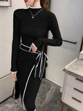 DERMEARNE Women Knitted Dress New Autumn Winter Slim Lace-Up Long Sleeve Bottoming Sweater Skirt Elegant Fashion Office Female Vestidos