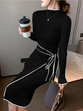 DERMEARNE Women Knitted Dress New Autumn Winter Slim Lace-Up Long Sleeve Bottoming Sweater Skirt Elegant Fashion Office Female Vestidos