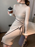 DERMEARNE Women Knitted Dress New Autumn Winter Slim Lace-Up Long Sleeve Bottoming Sweater Skirt Elegant Fashion Office Female Vestidos
