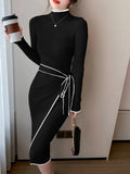 DERMEARNE Women Knitted Dress New Autumn Winter Slim Lace-Up Long Sleeve Bottoming Sweater Skirt Elegant Fashion Office Female Vestidos