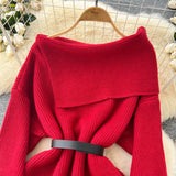 DERMEARNE Women Knitted Sweater Autumn Winter Sexy Off Shoulder Lapel Slim Pullover Tops Female Solid Long Sleeve Korean Casual Sweaters
