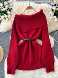 DERMEARNE Women Knitted Sweater Autumn Winter Sexy Off Shoulder Lapel Slim Pullover Tops Female Solid Long Sleeve Korean Casual Sweaters