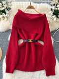 DERMEARNE Women Knitted Sweater Autumn Winter Sexy Off Shoulder Lapel Slim Pullover Tops Female Solid Long Sleeve Korean Casual Sweaters