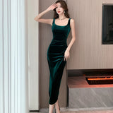 DERMEARNE Women Korean Vintage Luxury Evening Dress Gown Autumn Winter Black Velvet Sling Sexy Dresses 2025 Elegant Bodycon Party Vestidos