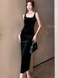 DERMEARNE Women Korean Vintage Luxury Evening Dress Gown Autumn Winter Black Velvet Sling Sexy Dresses 2025 Elegant Bodycon Party Vestidos