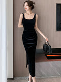 DERMEARNE Women Korean Vintage Luxury Evening Dress Gown Autumn Winter Black Velvet Sling Sexy Dresses 2025 Elegant Bodycon Party Vestidos