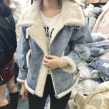 DERMEARNE Women Lamb Wool Denim Jacket Autumn Winter Korean Style Fleece Zipper Warm Coat Loose Casual Plus Thicken Overcoat