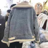 DERMEARNE Women Lamb Wool Denim Jacket Autumn Winter Korean Style Fleece Zipper Warm Coat Loose Casual Plus Thicken Overcoat