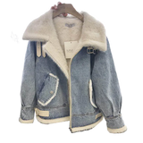 DERMEARNE Women Lamb Wool Denim Jacket Autumn Winter Korean Style Fleece Zipper Warm Coat Loose Casual Plus Thicken Overcoat