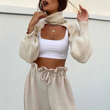 DERMEARNE Women Lantern Long Sleeve Sweater Sexy Hollow Out Turtleneck Solid Color Crop Top Ribbed Knit Loose Shrug Cover Up