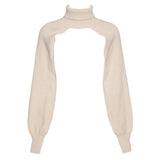 DERMEARNE Women Lantern Long Sleeve Sweater Sexy Hollow Out Turtleneck Solid Color Crop Top Ribbed Knit Loose Shrug Cover Up