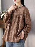 DERMEARNE Women Long Sleeve Casual Shirts New 2025 Spring Vintage Style Lace Collar Floral Print Loose Female Cotton Tops Shirt D147