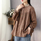 DERMEARNE Women Long Sleeve Casual Shirts New 2025 Spring Vintage Style Lace Collar Floral Print Loose Female Cotton Tops Shirt D147