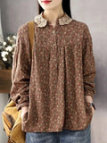 DERMEARNE Women Long Sleeve Casual Shirts New 2025 Spring Vintage Style Lace Collar Floral Print Loose Female Cotton Tops Shirt D147