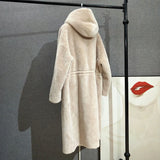 DERMEARNE Women Long Style Coat Real Wool Fur Hooded Version Female Jacket Thicker Warm Parka JT305