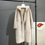 DERMEARNE Women Long Style Coat Real Wool Fur Hooded Version Female Jacket Thicker Warm Parka JT305