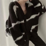 DERMEARNE Women Loose Striped Sweaters Korea Loose V-neck Long Sleeve Knitting Cardigan Jacket Outfits Blusa Feminina Tops Mujer 2025