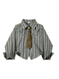 DERMEARNE Women Mori Girl Old Money Vintage Preppy Style Striped Shirts With Tie Long Sleeve Loose Casual Blouses Crop Top Korean Fashion