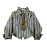 DERMEARNE Women Mori Girl Old Money Vintage Preppy Style Striped Shirts With Tie Long Sleeve Loose Casual Blouses Crop Top Korean Fashion
