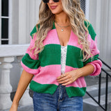 DERMEARNE Women Open Front Knit Cardigan Long Sleeve Solid Color Block Striped Sweater Pockets Long Outerwear Femal Office Streetwear