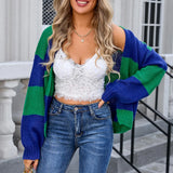 DERMEARNE Women Open Front Knit Cardigan Long Sleeve Solid Color Block Striped Sweater Pockets Long Outerwear Femal Office Streetwear