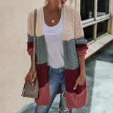 DERMEARNE Women Open Front Knit Cardigan long Sleeve Solid Color Block Striped Sweater Pockets Long Outerwear Femal office streetwear