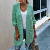 DERMEARNE Women Open Front Knit Cardigan long Sleeve Solid Color Block Striped Sweater Pockets Long Outerwear Femal office streetwear