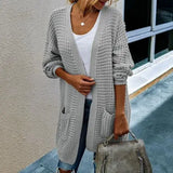 DERMEARNE Women Open Front Knit Cardigan long Sleeve Solid Color Block Striped Sweater Pockets Long Outerwear Femal office streetwear