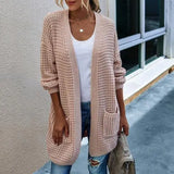 DERMEARNE Women Open Front Knit Cardigan long Sleeve Solid Color Block Striped Sweater Pockets Long Outerwear Femal office streetwear