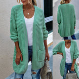 DERMEARNE Women Open Front Knit Cardigan long Sleeve Solid Color Block Striped Sweater Pockets Long Outerwear Femal office streetwear