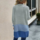 DERMEARNE Women Open Front Knit Cardigan long Sleeve Solid Color Block Striped Sweater Pockets Long Outerwear Femal office streetwear