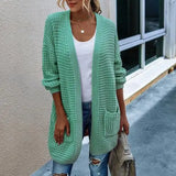 DERMEARNE Women Open Front Knit Cardigan long Sleeve Solid Color Block Striped Sweater Pockets Long Outerwear Femal office streetwear