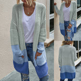 DERMEARNE Women Open Front Knit Cardigan long Sleeve Solid Color Block Striped Sweater Pockets Long Outerwear Femal office streetwear