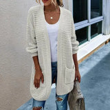 DERMEARNE Women Open Front Knit Cardigan long Sleeve Solid Color Block Striped Sweater Pockets Long Outerwear Femal office streetwear