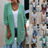 DERMEARNE Women Open Front Knit Cardigan long Sleeve Solid Color Block Striped Sweater Pockets Long Outerwear Femal office streetwear