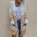DERMEARNE Women Open Front Knit Cardigan long Sleeve Solid Color Block Striped Sweater Pockets Long Outerwear Femal office streetwear