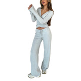 DERMEARNE Women Pant Sets 2 Piece Long Sleeve Waist Tie Slim T-shirts Blouse with Elastic Waist Long Pants Casual Autumn Outfits Dailywear