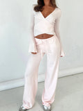 DERMEARNE Women Pant Sets 2 Piece Long Sleeve Waist Tie Slim T-shirts Blouse with Elastic Waist Long Pants Casual Autumn Outfits Dailywear