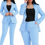 Dermearne Women Pant Sets Two Pieces Turn Down Collar Double Breasted Outerwear Pockets Solid Pencil Pants Ankle Length Office Lady