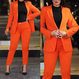 Dermearne Women Pant Sets Two Pieces Turn Down Collar Double Breasted Outerwear Pockets Solid Pencil Pants Ankle Length Office Lady