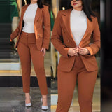 Dermearne Women Pant Sets Two Pieces Turn Down Collar Double Breasted Outerwear Pockets Solid Pencil Pants Ankle Length Office Lady