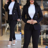 Dermearne Women Pant Sets Two Pieces Turn Down Collar Double Breasted Outerwear Pockets Solid Pencil Pants Ankle Length Office Lady