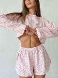DERMEARNE Women Pink Heart 2 Piece Short Sets Loose Long Sleeve Cropped Tops Shorts Pajamas Female Casual Outfits Loungewear Sleepwear