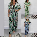 DERMEARNE Women Rompers V Neck Jumpsuits Ankle Length Wide Leg Pants Printing Pullover One Piece Spliced Loose Casual Pockets 2024